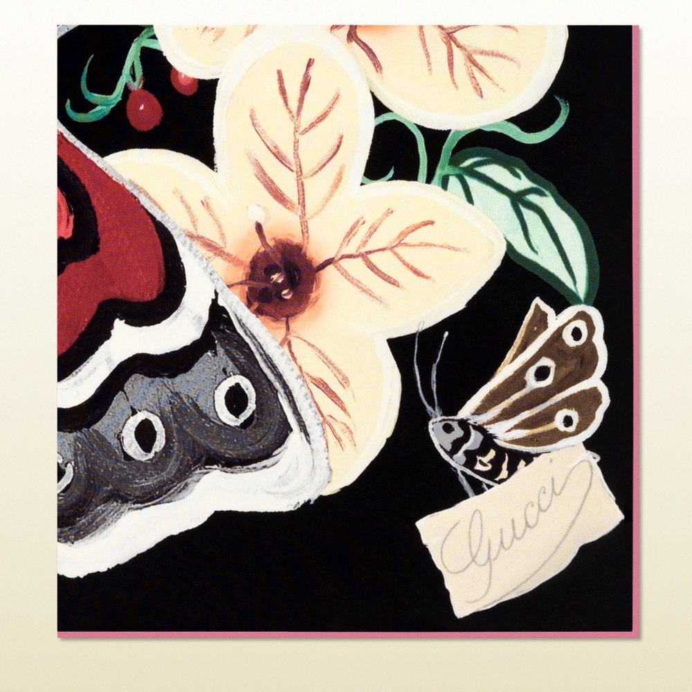 Gucci Unisex Scarf Kris Knight Butterfly Flora Black Silk Wrap - Picture 12 of 14